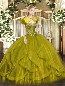 Sumptuous Olive Green Ball Gowns Sweetheart Sleeveless Tulle Floor Length Lace Up Beading and Ruffles Sweet 16 Dresses