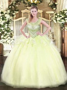 Graceful Floor Length Light Yellow Quinceanera Dresses Scoop Sleeveless Lace Up