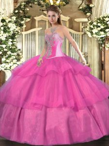 Eye-catching Ball Gowns Ball Gown Prom Dress Hot Pink Sweetheart Tulle Sleeveless Floor Length Lace Up