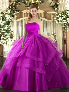 Floor Length Lace Up Quinceanera Dress Fuchsia for Military Ball and Sweet 16 and Quinceanera with Ruffled Layers