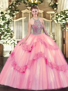Halter Top Sleeveless Lace Up Quince Ball Gowns Baby Pink Tulle