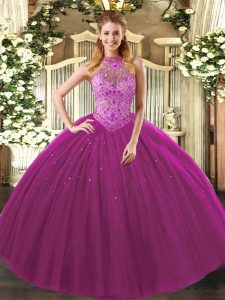 Superior Sleeveless Floor Length Beading and Embroidery Lace Up Ball Gown Prom Dress with Fuchsia