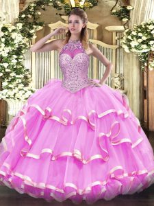 New Style Organza Sleeveless Floor Length Ball Gown Prom Dress and Beading and Ruffled Layers