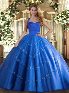 Blue Ball Gowns Halter Top Sleeveless Tulle Floor Length Lace Up Appliques Sweet 16 Dresses
