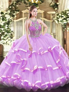 Ideal Floor Length Lilac Quinceanera Gown Tulle Sleeveless Beading and Ruffled Layers