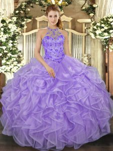 Lavender Halter Top Lace Up Beading and Ruffles Sweet 16 Dresses Sleeveless