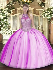 Spectacular Sleeveless Tulle Floor Length Lace Up Sweet 16 Quinceanera Dress in Fuchsia with Beading and Appliques
