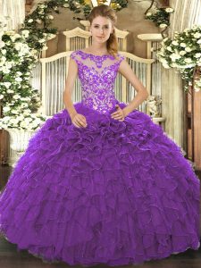 Purple Scoop Neckline Beading and Ruffles and Hand Made Flower 15th Birthday Dress Cap Sleeves Lace Up