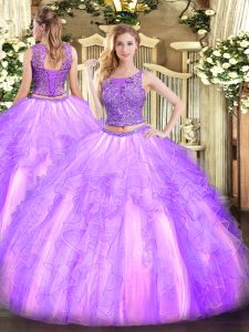 New Style Lavender Lace Up Quince Ball Gowns Beading and Ruffles Sleeveless Floor Length