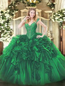 Dynamic Green Ball Gowns V-neck Sleeveless Organza Floor Length Lace Up Beading and Ruffles 15 Quinceanera Dress