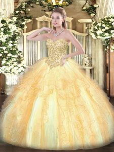 Captivating Floor Length Champagne Sweet 16 Dresses Organza Sleeveless Appliques and Ruffles