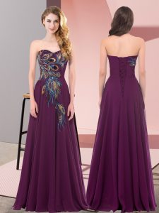 Sweetheart Sleeveless Prom Dress Floor Length Embroidery Dark Purple Chiffon