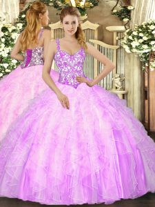 Pretty Lilac Sleeveless Beading and Ruffles Floor Length 15 Quinceanera Dress