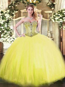 Yellow Ball Gowns Sweetheart Sleeveless Tulle Floor Length Lace Up Beading Quince Ball Gowns