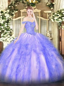 Colorful Lavender Tulle Lace Up Off The Shoulder Sleeveless Floor Length 15th Birthday Dress Beading and Ruffles
