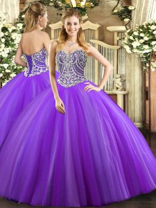 Floor Length Lace Up Quinceanera Gown Lavender for Military Ball and Sweet 16 and Quinceanera with Beading