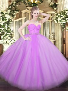 Lilac Sleeveless Floor Length Beading and Lace Zipper Vestidos de Quinceanera