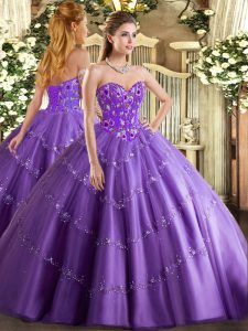 Sexy Sweetheart Sleeveless Quinceanera Dresses Floor Length Appliques and Embroidery Lavender Tulle