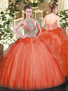 Red Halter Top Lace Up Beading and Ruffles 15 Quinceanera Dress Sleeveless