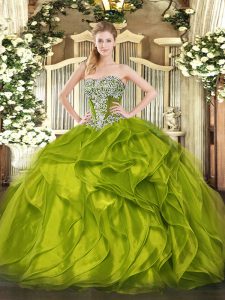 Floor Length Olive Green Quince Ball Gowns Organza Sleeveless Beading and Ruffled Layers