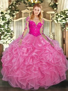 Fabulous Floor Length Ball Gowns Long Sleeves Rose Pink Quince Ball Gowns Lace Up