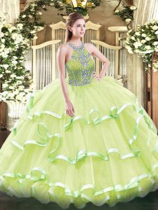 Ball Gowns Sweet 16 Dresses Yellow Green Halter Top Tulle Sleeveless Floor Length Lace Up