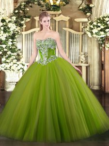 Unique Olive Green Strapless Neckline Beading Quince Ball Gowns Sleeveless Lace Up