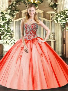 Attractive Orange Red Sleeveless Floor Length Beading and Appliques Lace Up Sweet 16 Dress