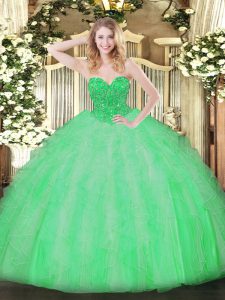 New Style Apple Green Organza Lace Up Sweetheart Sleeveless Floor Length 15 Quinceanera Dress Ruffles