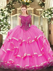Best Scoop Sleeveless Sweet 16 Dresses Floor Length Beading and Ruffled Layers Fuchsia Organza