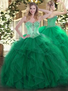 Sleeveless Floor Length Beading and Ruffles Lace Up Quinceanera Dresses with Dark Green