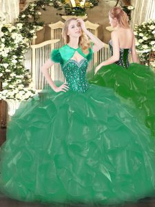 Chic Turquoise Ball Gowns Organza Sweetheart Sleeveless Beading and Ruffles Floor Length Lace Up Quince Ball Gowns