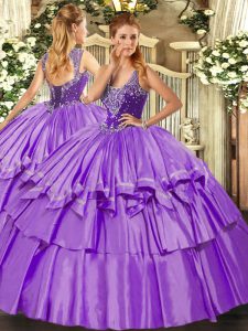 Straps Sleeveless Quinceanera Gown Floor Length Beading and Ruffled Layers Lavender Organza and Taffeta