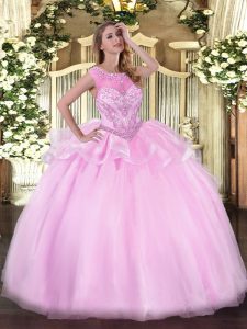 Attractive Sleeveless Floor Length Beading Zipper Quinceanera Gowns with Pink