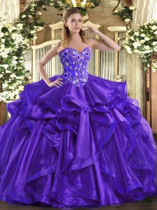 Custom Design Purple Lace Up Sweetheart Embroidery and Ruffles Quince Ball Gowns Organza Sleeveless