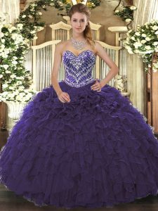 Charming Purple Sweetheart Neckline Beading and Ruffled Layers Sweet 16 Quinceanera Dress Sleeveless Lace Up