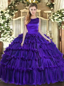 Fantastic Purple Quinceanera Gown Military Ball and Sweet 16 and Quinceanera with Ruffled Layers Scoop Sleeveless Lace U