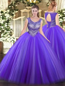 Custom Fit Sleeveless Tulle Floor Length Lace Up 15th Birthday Dress in Eggplant Purple with Beading