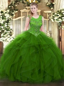 Floor Length Zipper Quinceanera Gown Green for Military Ball and Sweet 16 and Quinceanera with Beading and Ruffles
