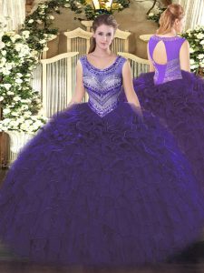 High Quality Purple Organza Lace Up Sweet 16 Dress Sleeveless Floor Length Beading and Ruffles
