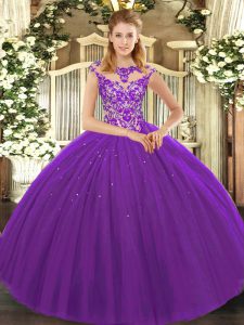 Fantastic Sleeveless Floor Length Beading and Appliques Lace Up Sweet 16 Dress with Eggplant Purple