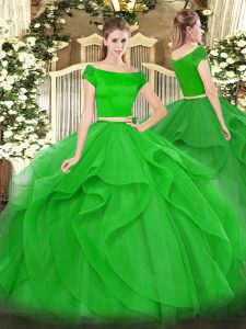 Green Two Pieces Appliques and Ruffles Quinceanera Gown Zipper Tulle Short Sleeves Floor Length