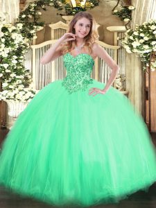 Ball Gowns Quince Ball Gowns Apple Green Sweetheart Tulle Sleeveless Floor Length Lace Up