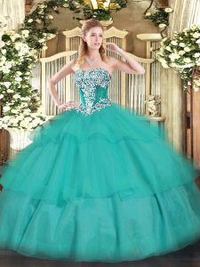 Turquoise Sleeveless Beading and Ruffled Layers Floor Length Sweet 16 Dress