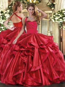 Halter Top Sleeveless Lace Up Sweet 16 Quinceanera Dress Wine Red Organza