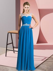 Adorable Chiffon Scoop Sleeveless Clasp Handle Beading Prom Dresses in Blue