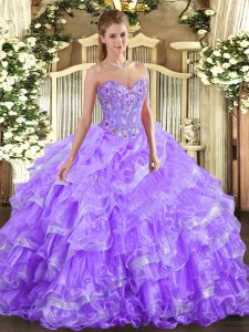 Modern Lavender Lace Up Sweetheart Embroidery and Ruffled Layers Quinceanera Dress Organza Sleeveless