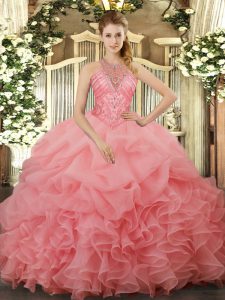 Ideal Halter Top Sleeveless Sweet 16 Dress Floor Length Beading and Ruffles and Pick Ups Watermelon Red Organza