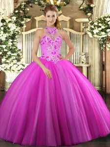 Comfortable Fuchsia Halter Top Lace Up Embroidery Quinceanera Dresses Sleeveless