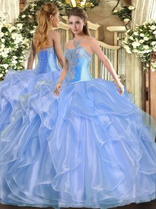 New Arrival Baby Blue Ball Gowns Beading and Ruffles 15 Quinceanera Dress Lace Up Organza Sleeveless Floor Length